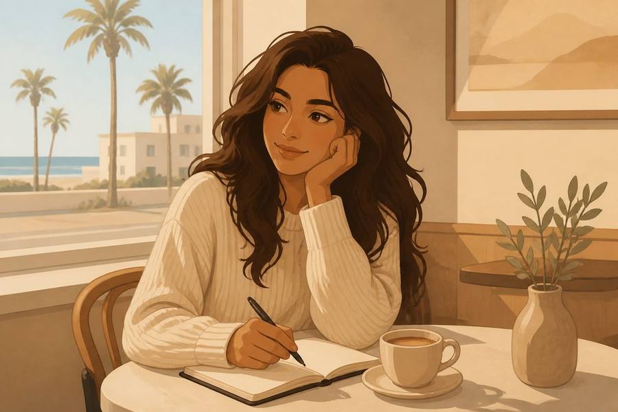 Cartoon illustration of a woman journaling at a sunlit cafe table