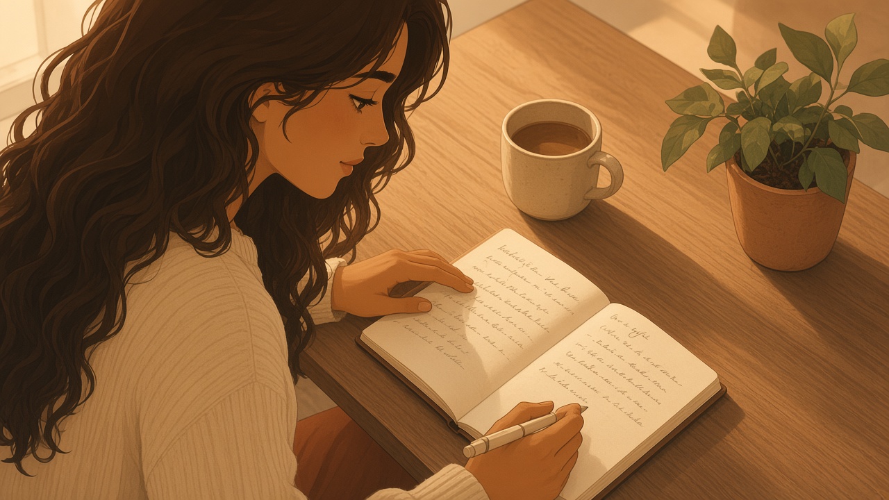 Side view of a woman writing in a journal at a wooden desk, with a mug and a plant