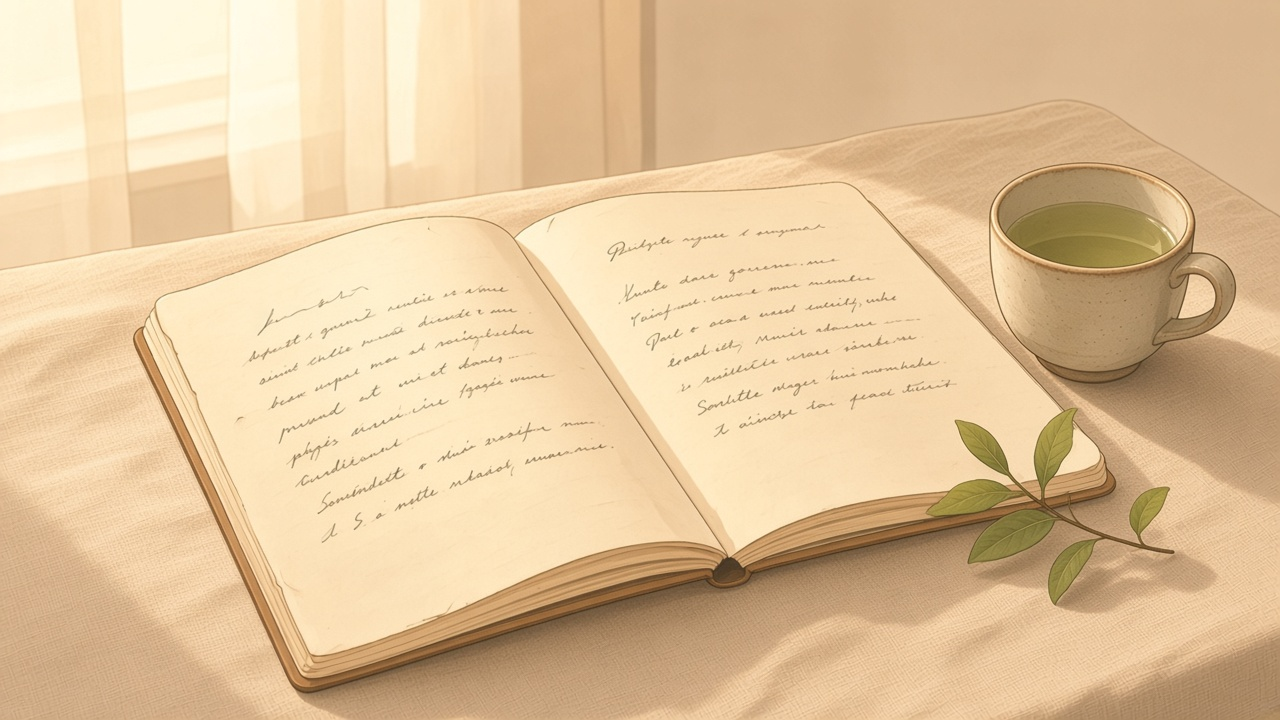 Still life with a handleless teacup, a handwritten page, and a leafy branch