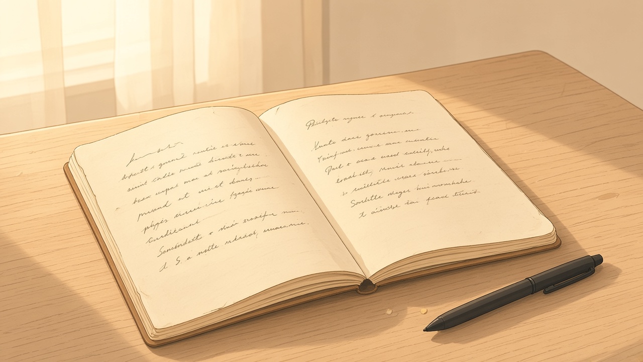 Still life of an open cream notebook and a pen on a wooden table