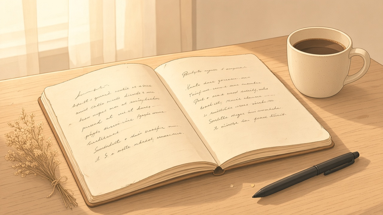 Still life with an open notebook, dried flowers, and a coffee cup