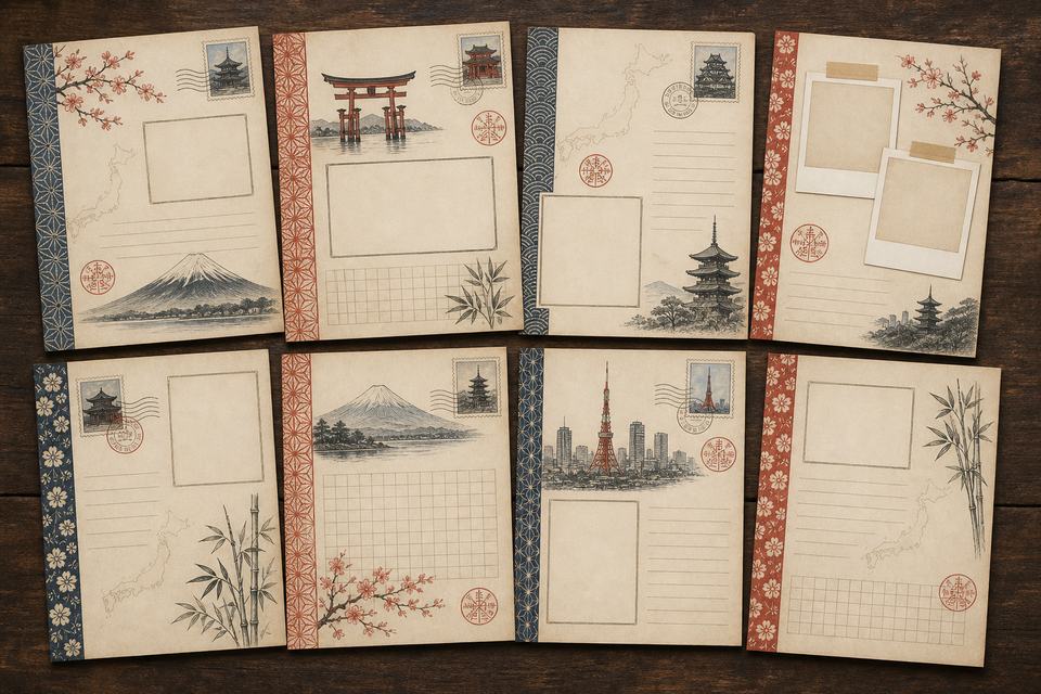 Travel journal kit pages with photo frames, stamps, and a map
